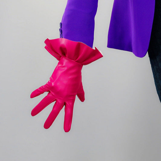 FASHION GLOVES Faux Leather 10" 25cm Wrist Short Rose Pink Fuchsia Ruffled