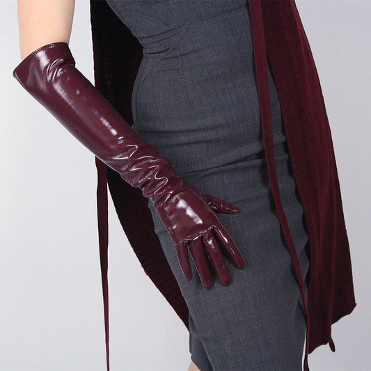 LATEX LONG GLOVES Shine Leather Faux Patent PU 20" 50cm Opera Dark Red Purple