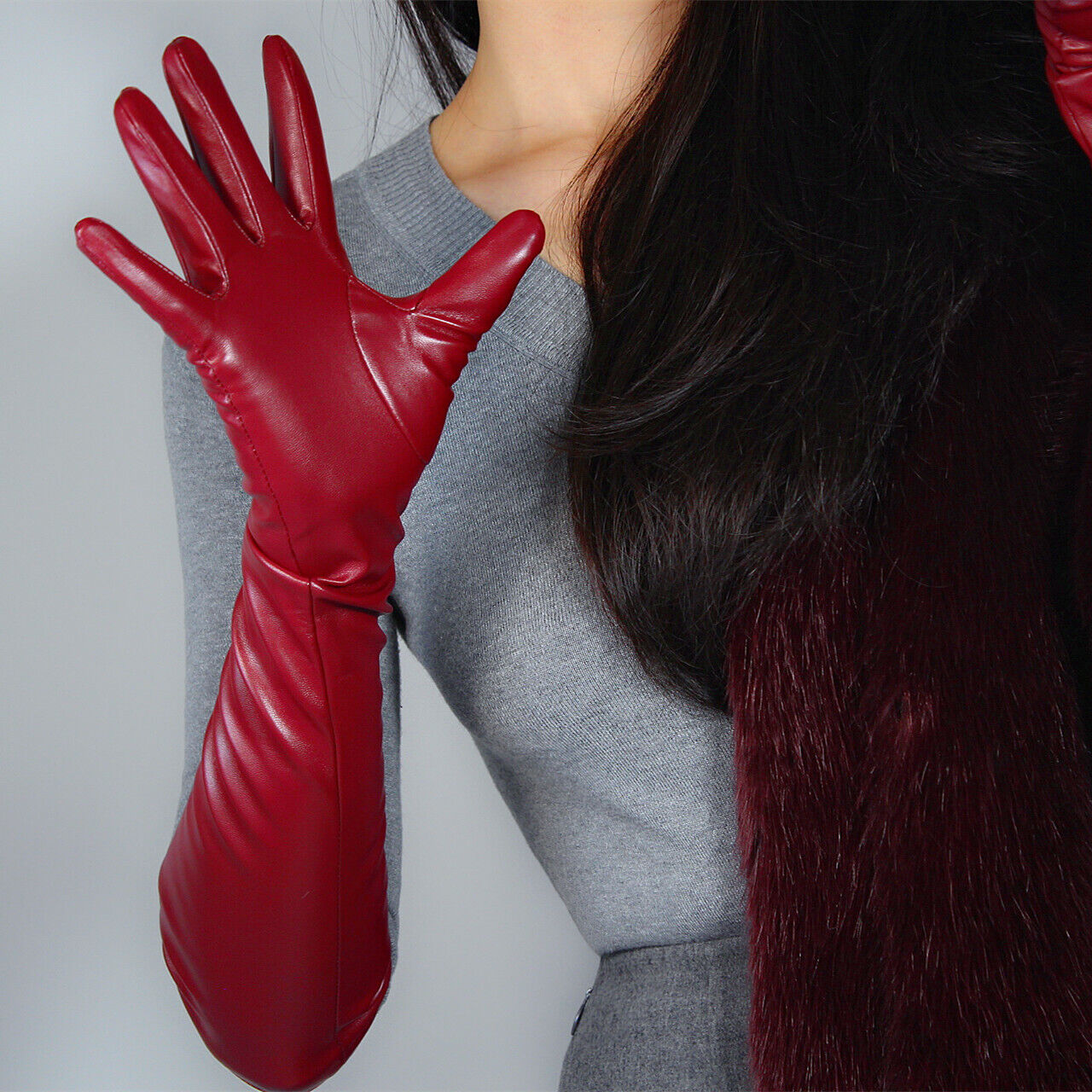 LONG GLOVES Faux Leather Lambskin Sheepskin 20" 50cm Dark Red Burgendy Oxblood