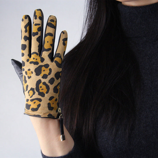 Real Leather TECH Gloves Leopard Jaguar Suede Wrist Genuine Sheepskin Women