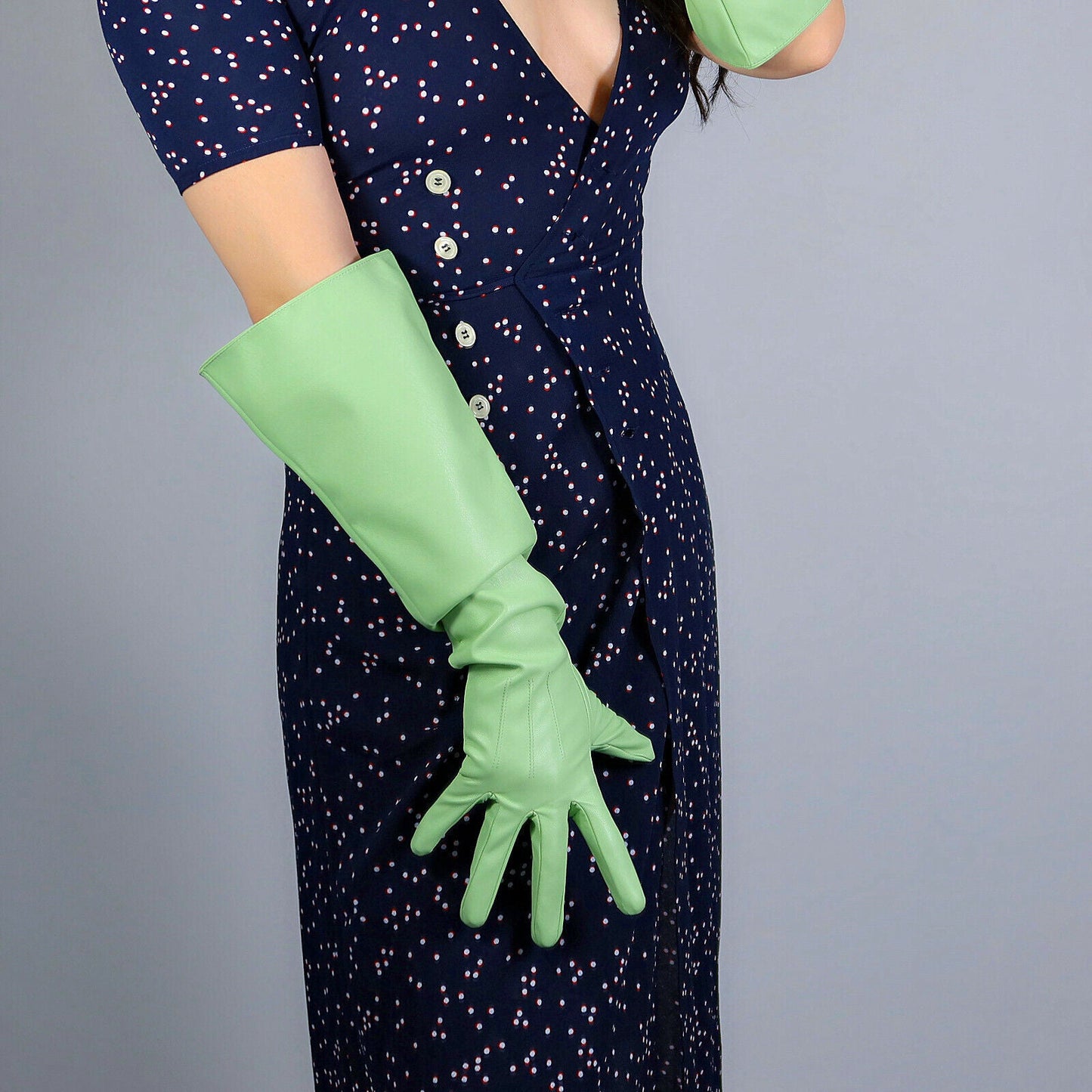 LONG FASHION GLOVES Faux Leather 20" 50cm Pistachio Light Green L PUFF SLEEVES