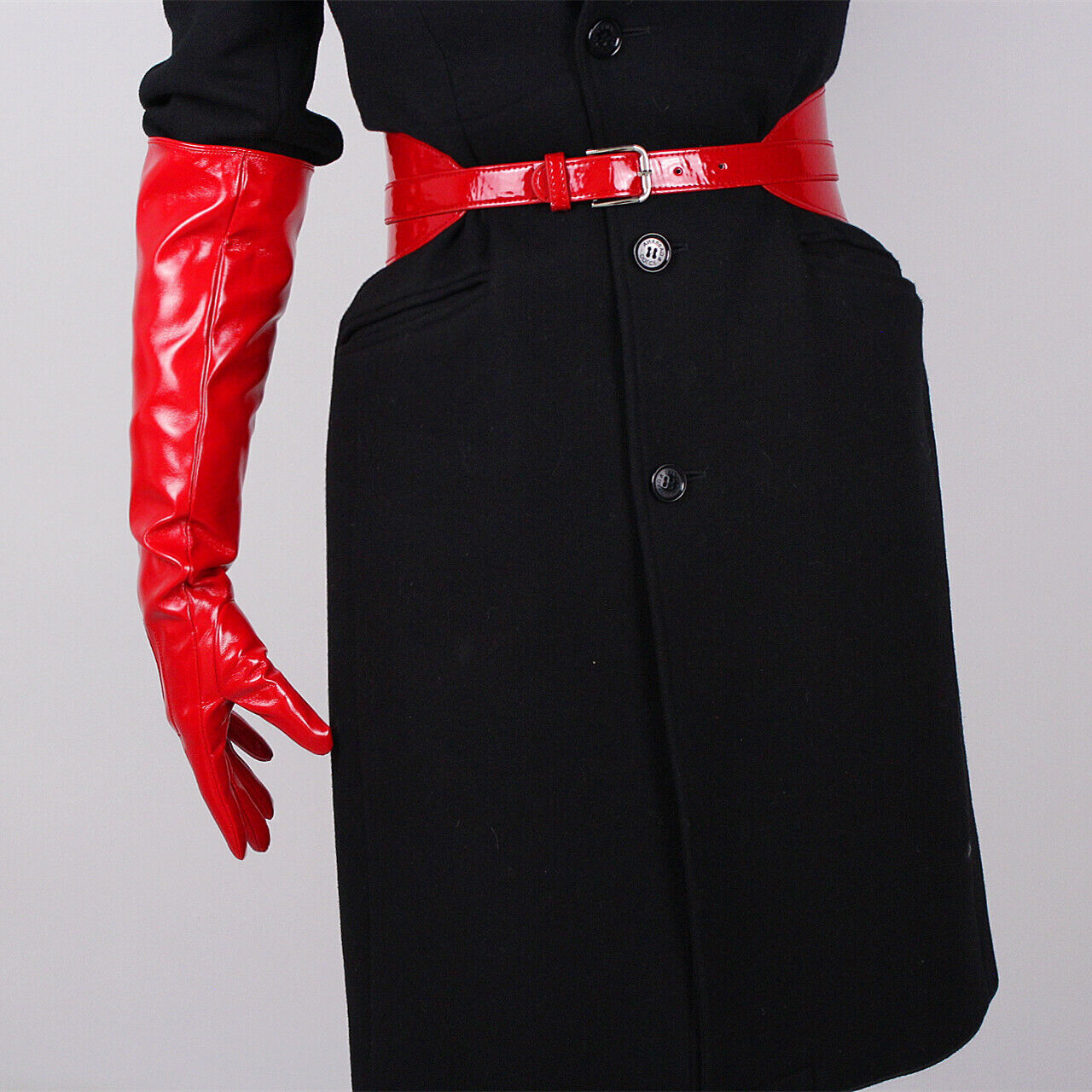 PATENT LONG GLOVES Unisex Faux Leather Elbow 50cm Large Shine Red PUFF SLEEVES L