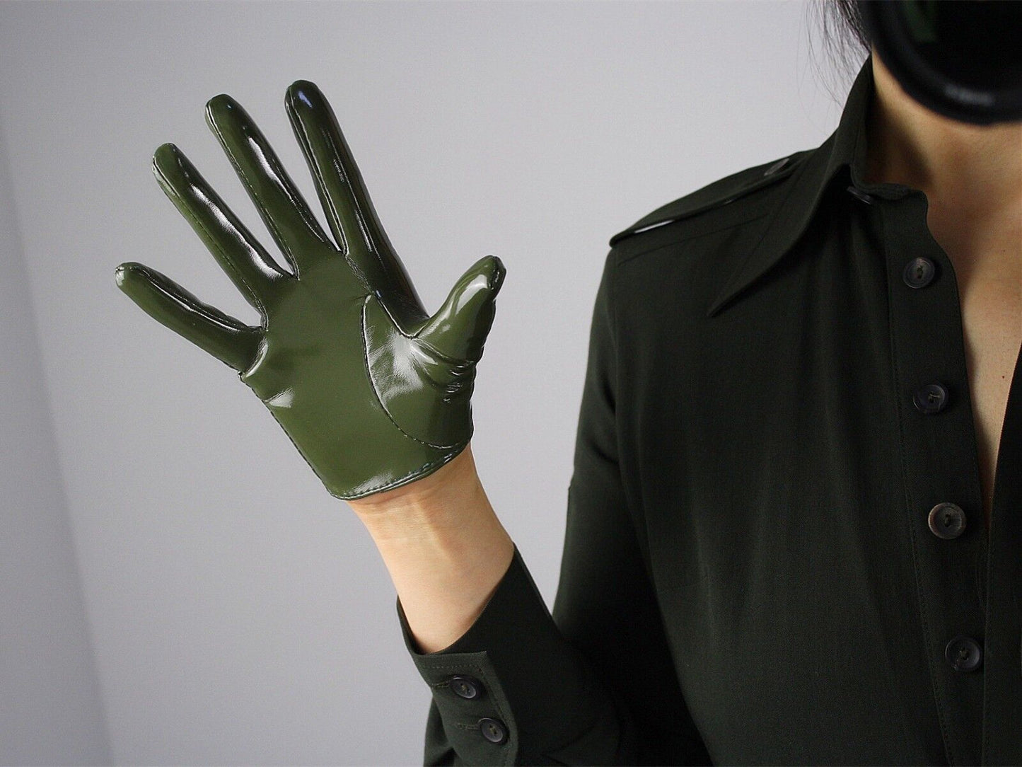 LATEX GLOVES Shine Leather Faux Patent PU 6" 16cm Extra Short Olive Army Green