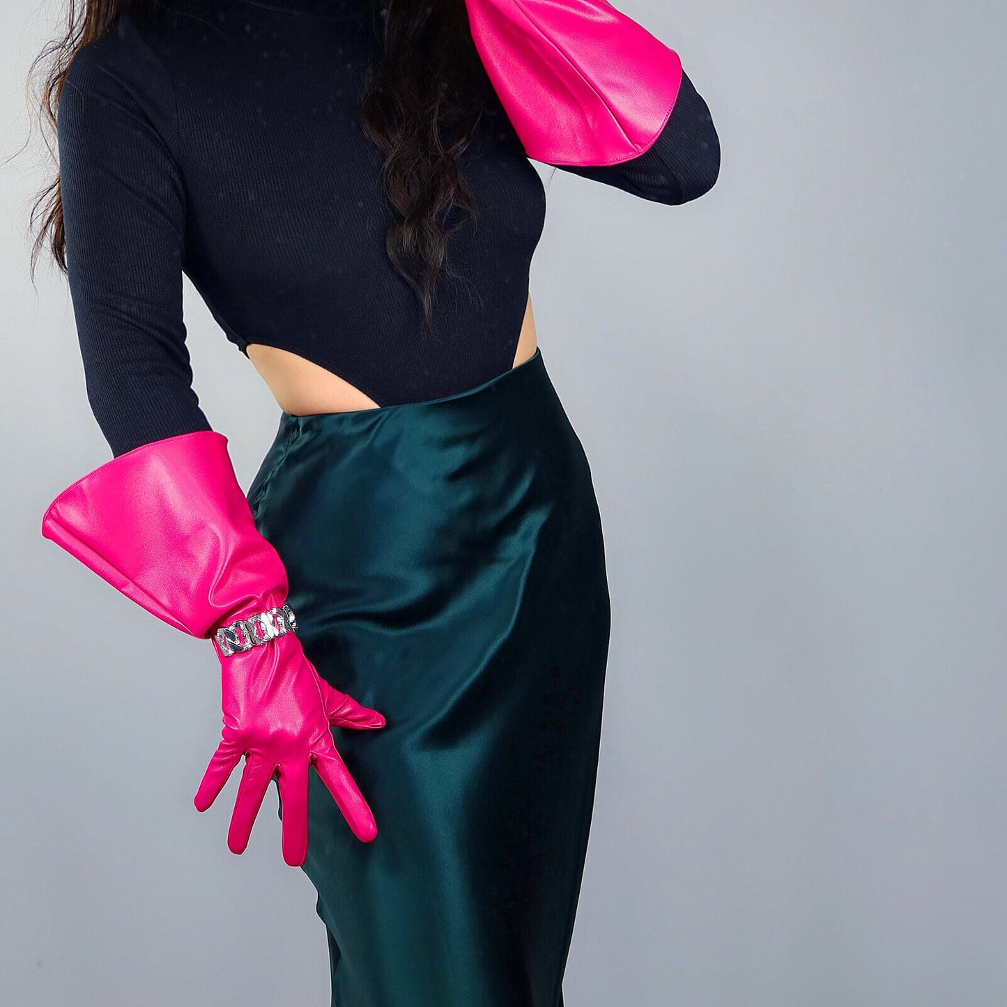 FASHION GLOVES Faux Leather 15" 38cm Long Elbow Rose Pink Fuchsia Loose Fit L