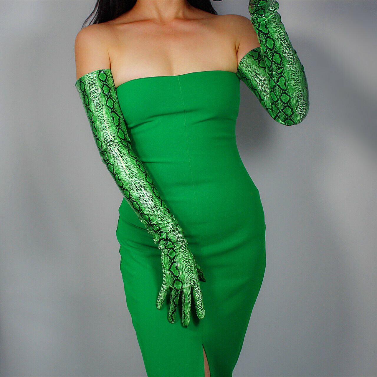 LATEX LONG GLOVES Shine Leather PU 28" 70cm Animal Print Snake Python Green