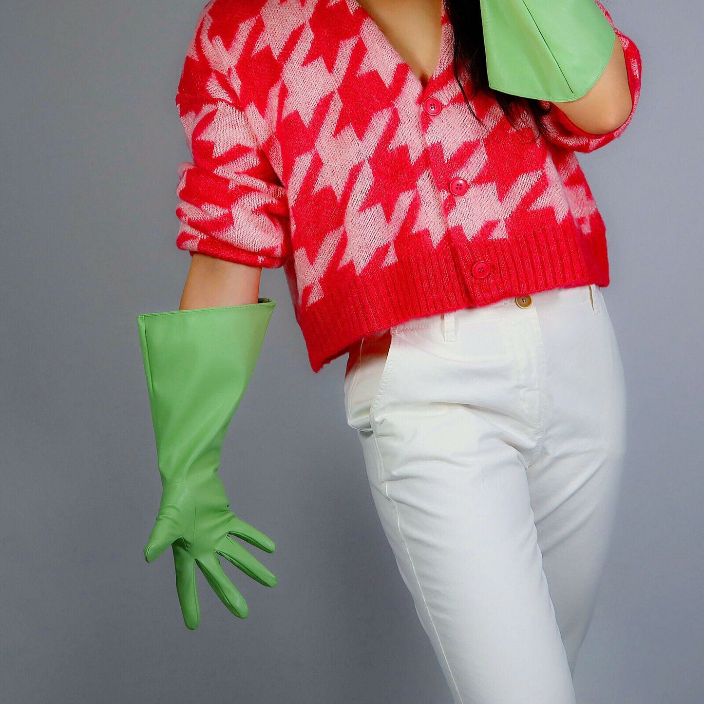 LONG FASHION GLOVES Faux Leather 15" 38cm Pistachio Light Green Big Puff Sleeves