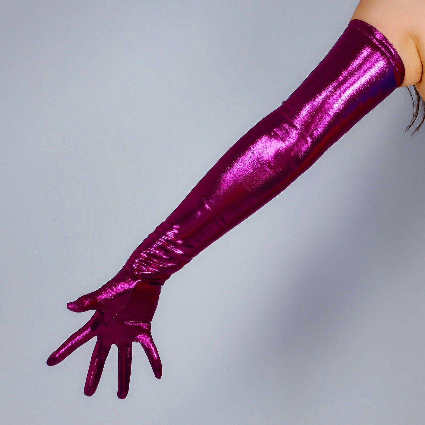 METALLIC GLOVES 28" 70cm Extra Long Liquid Rose Pink Magenta Shine Glow FITTED