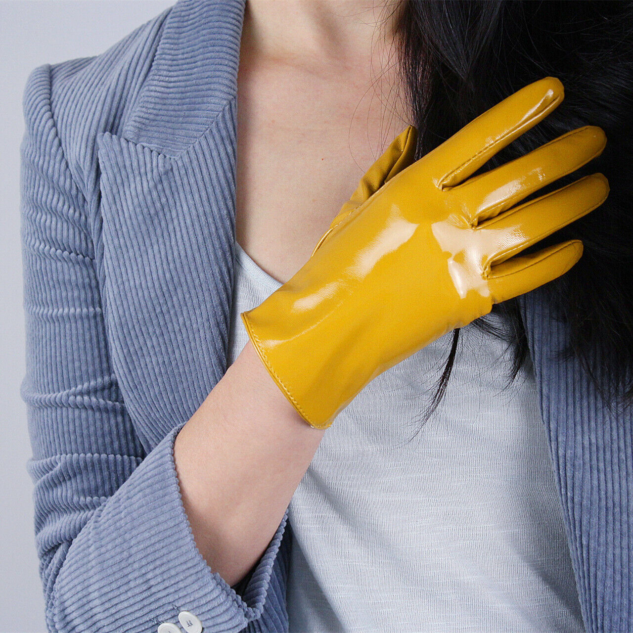 LATEX LONG GLOVES Shine Leather Faux Patent PU 8" 21cm Opera Mustard Yellow