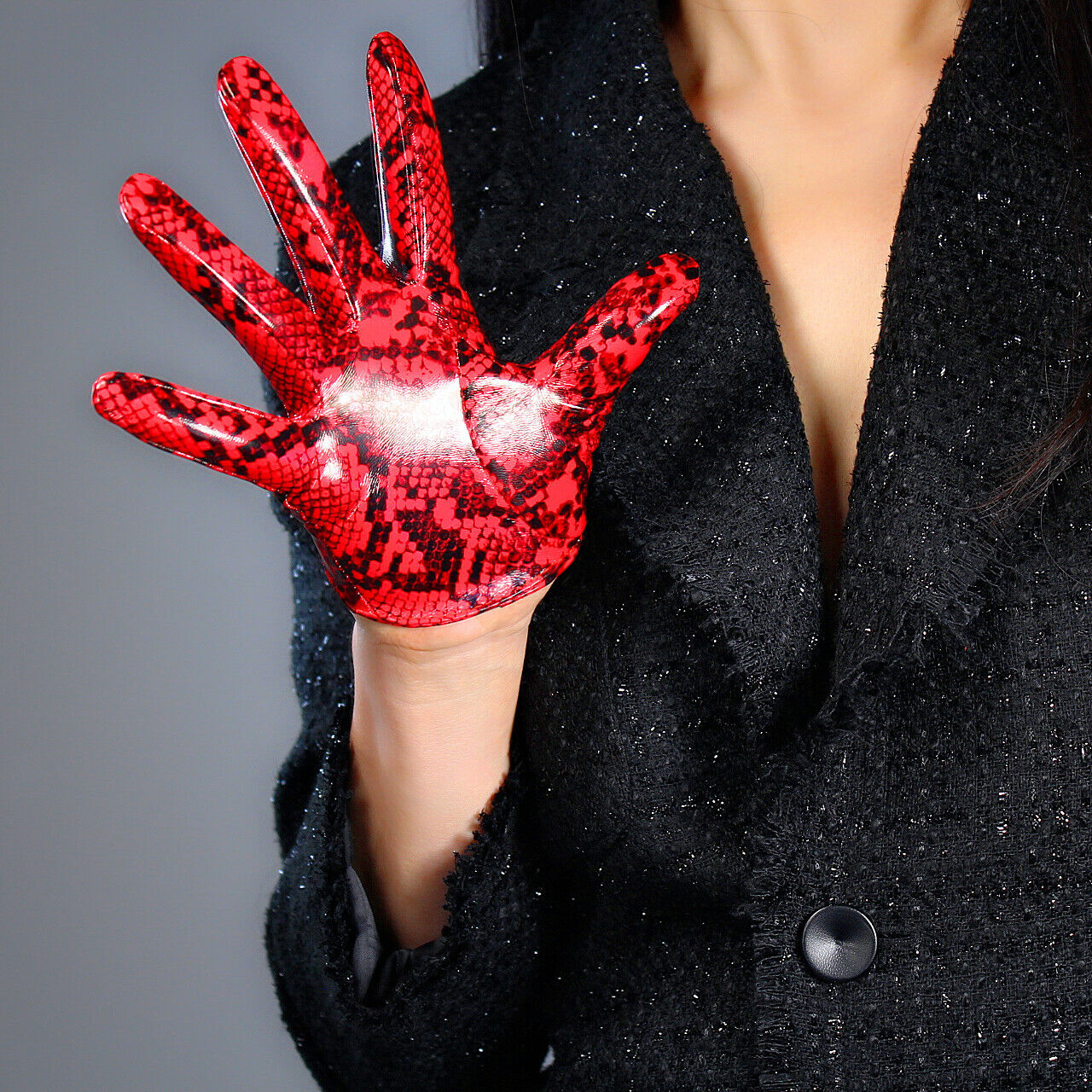 EXTRA SHORT LATEX GLOVES Faux Patent Leather 5" 13cm Shine Red Snake Python