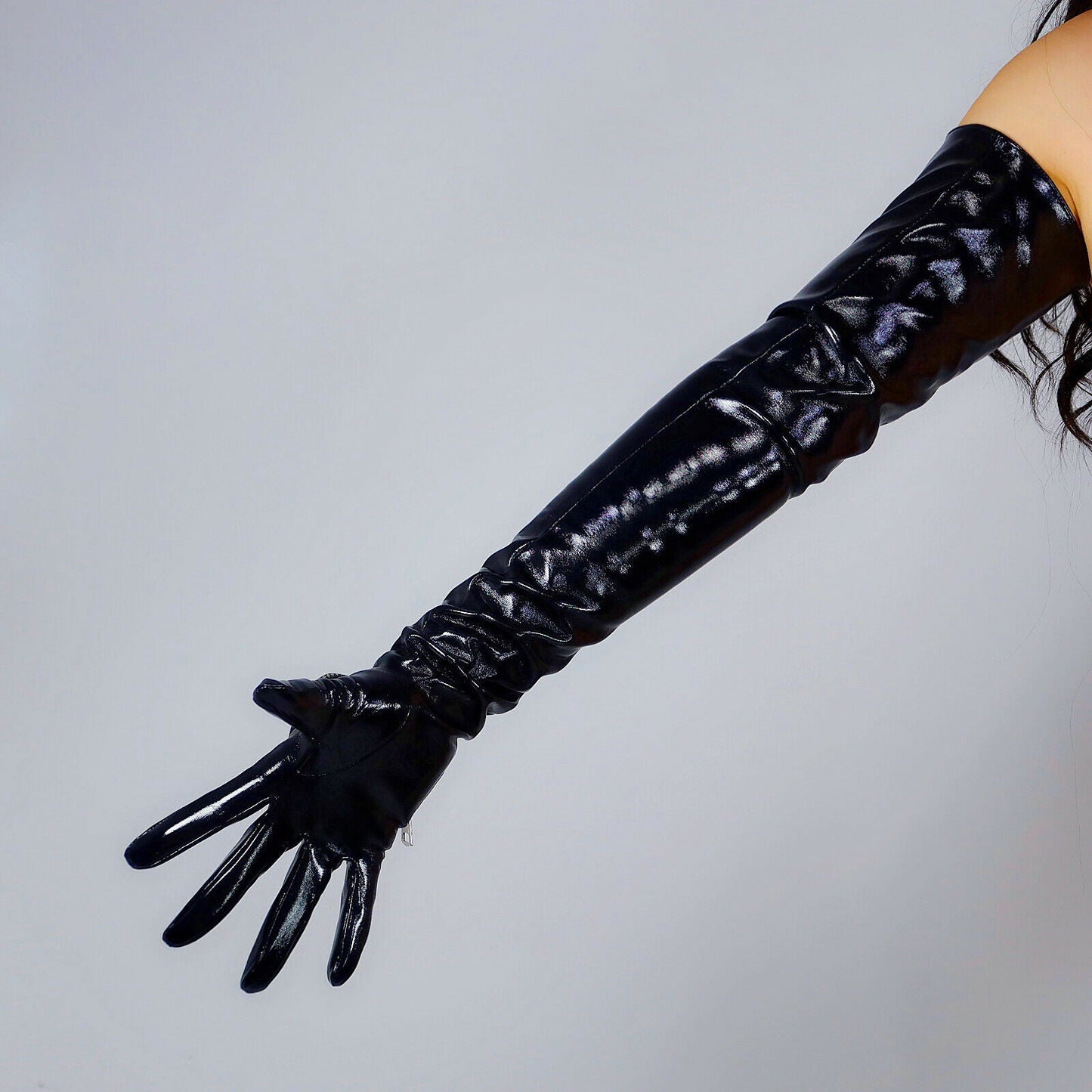 LATEX LONG GLOVES with Zippered Triangle Pocket Faux Leather 70cm Black Fitted