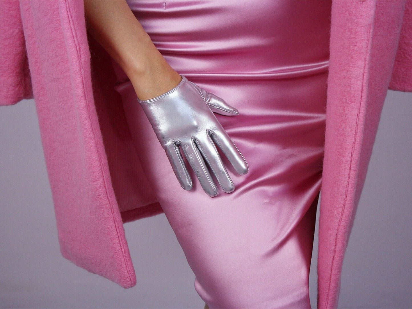 LATEX GLOVES Shine Leather Faux Patent PU 6" 16cm Short Opera Evening Silver