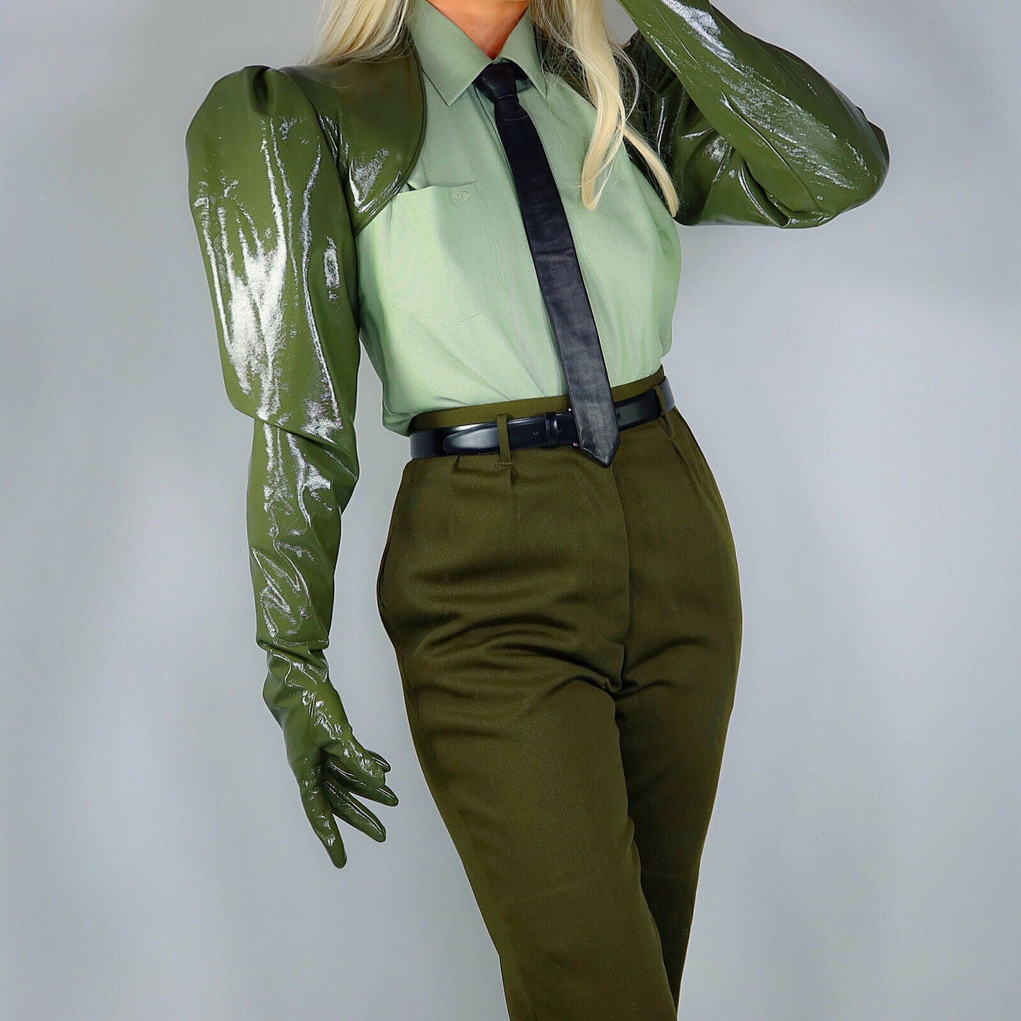 LATEX BOLERO GLOVES Shine Leather Top Cropped Shrug Military Army Olive Green