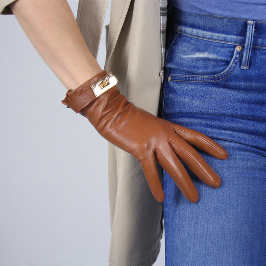 TECH GLOVES Real Leather Short Brown Lambskin Sheepskin Golden Button Closure