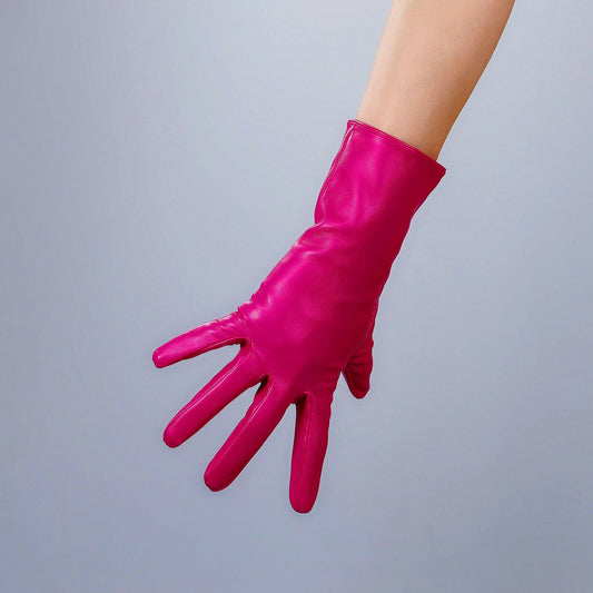 FASHION GLOVES Faux Leather Vegan 11" 28cm Wrist Short Rose Pink Fuchsia Fushia