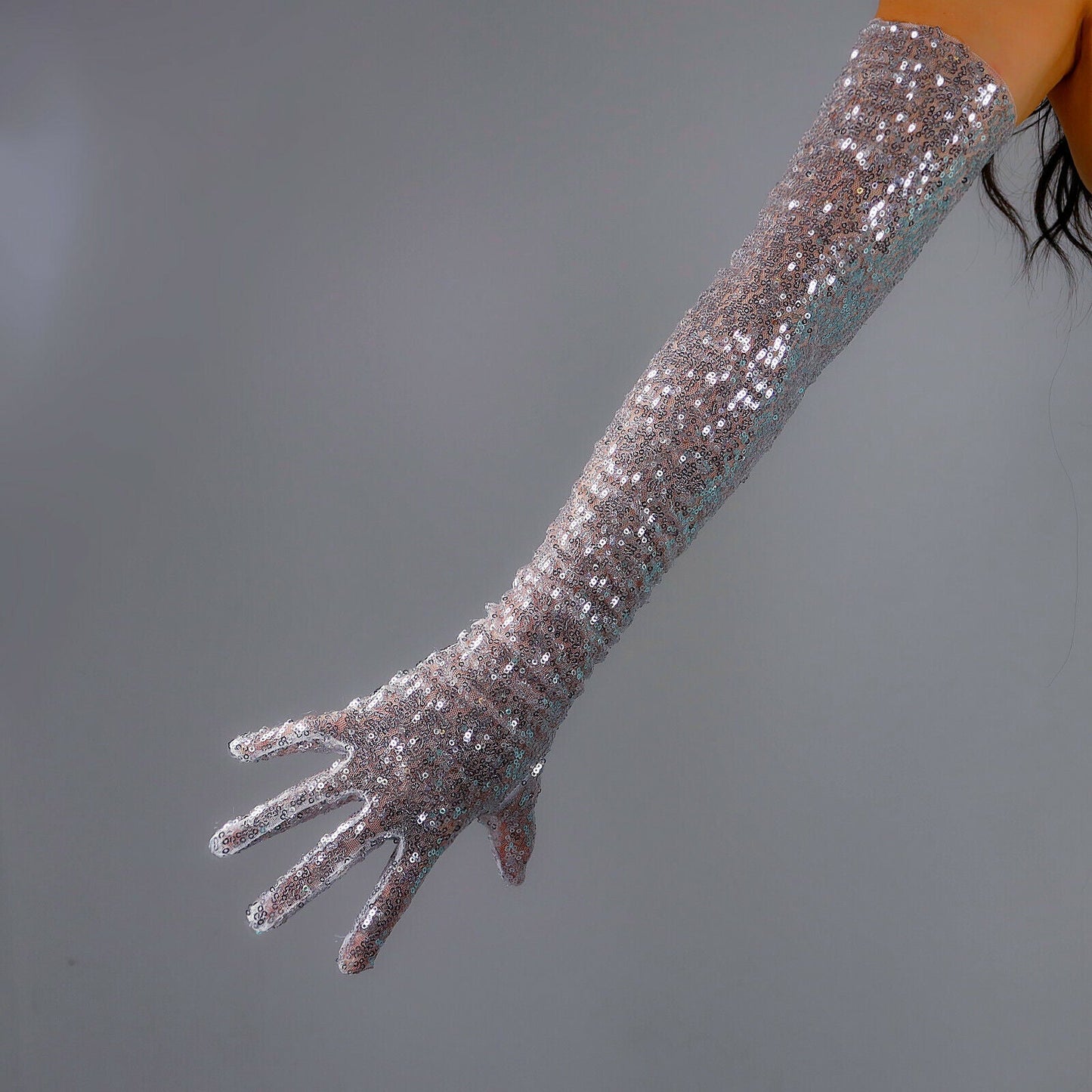 SEQUINS Long Gloves Tulle Lace Mesh Semi Sheer TECH Touchscreen WHITE SILVER