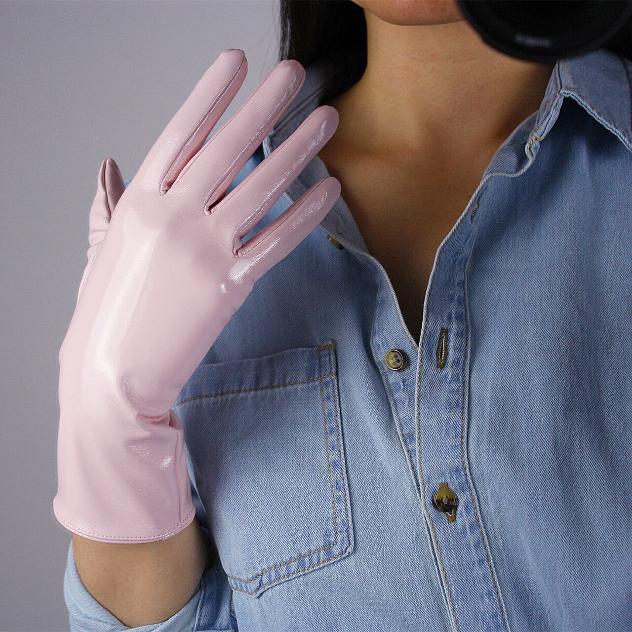 LATEX GLOVES Shine Leather Faux Patent PU 11" 28cm Short Wrist Daily Light Pink