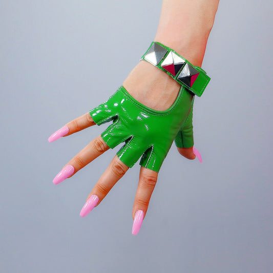 REAL LEATHER GLOVES Fingerless Patent Green Half Finger