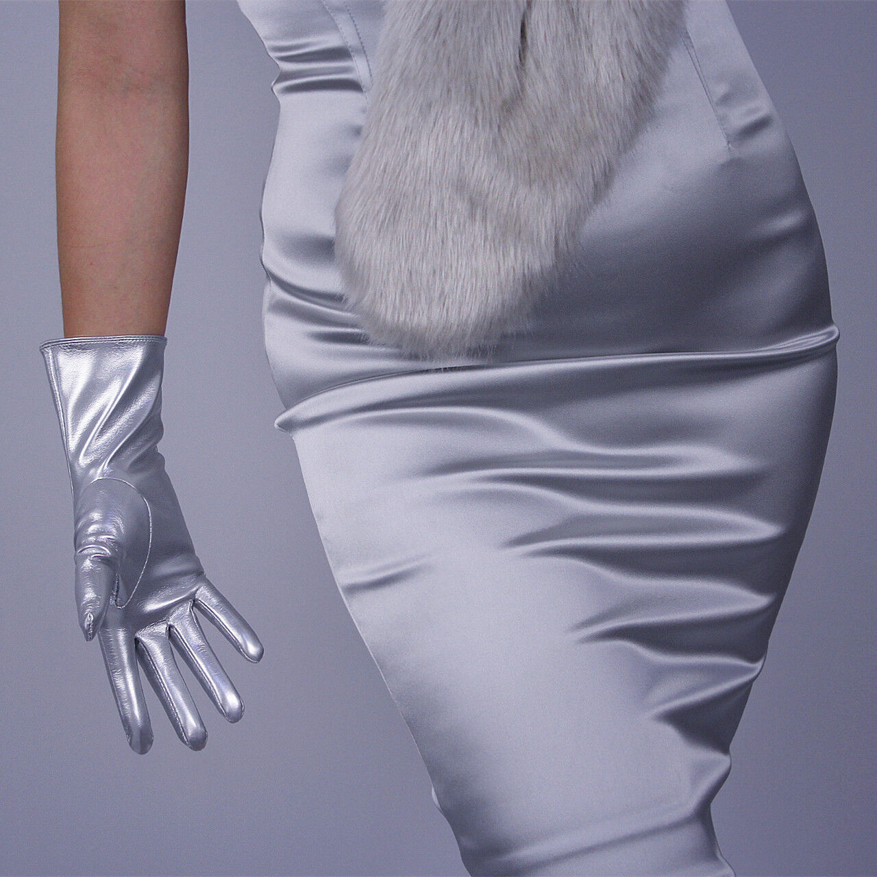 LATEX GLOVES Shine Leather Faux Patent PU 11" 28cm Short Everyday Daily Silver