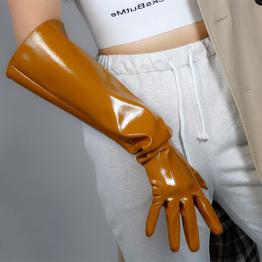 PATENT LONG GLOVES Faux Leather 50cm 20" Wide Shine Brown Camel L PUFF SLEEVES