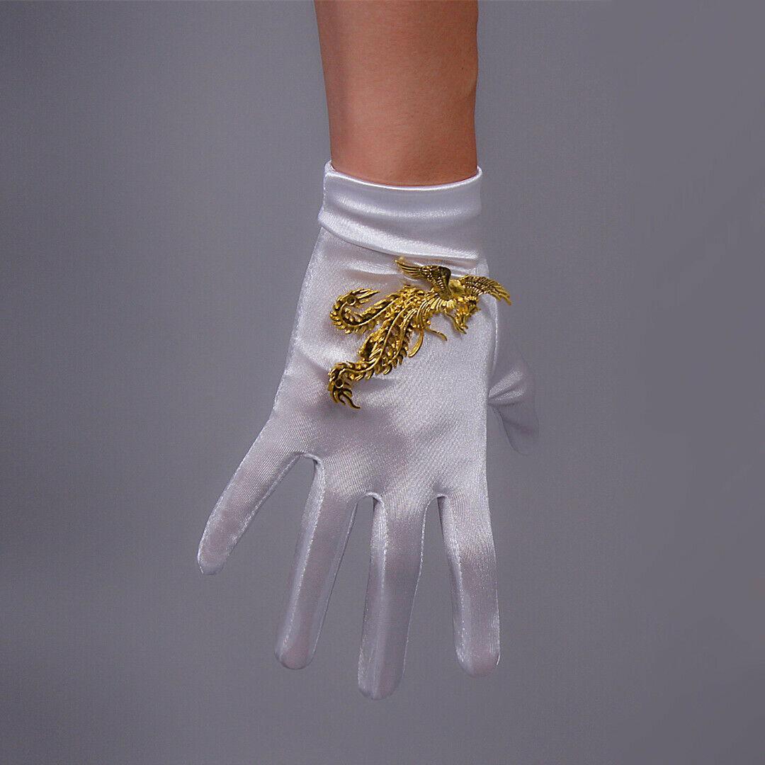 Stretch Satin Silk Gloves 20cm 9" Wrist Short Hot Red White w/ Golden Phoenix