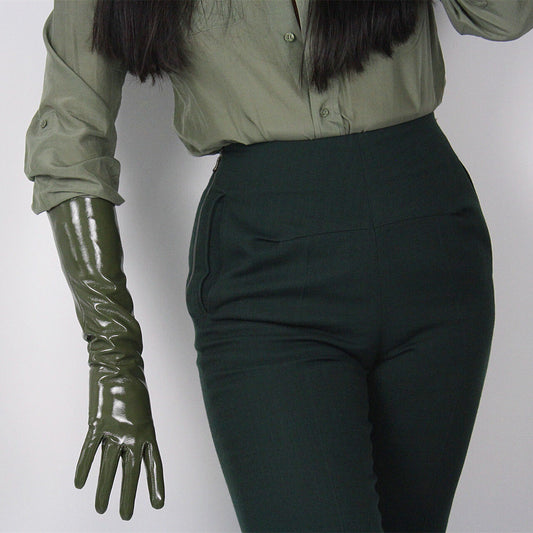 LATEX LONG GLOVES Shine Leather Faux Patent PU 16" 40cm Opera Olive Army Green